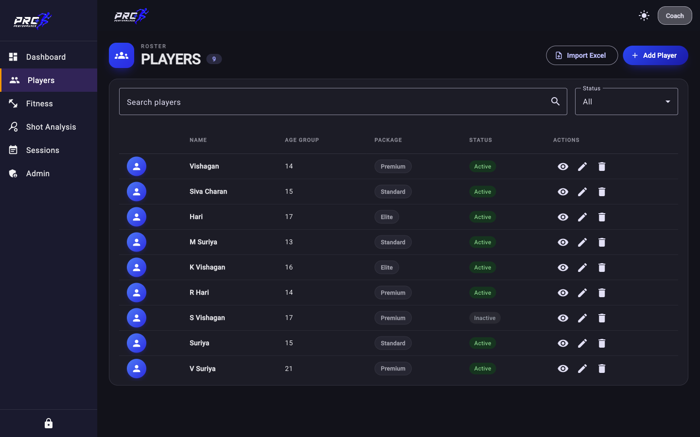 Pro+ player management: roster with age groups, packages, status and Excel import (sample data)